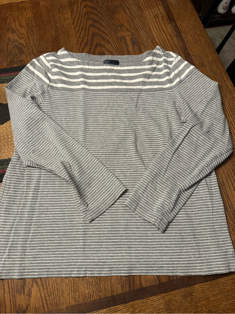 GAP Women's Gray and White Striped Long Sleeve Boatneck Tee